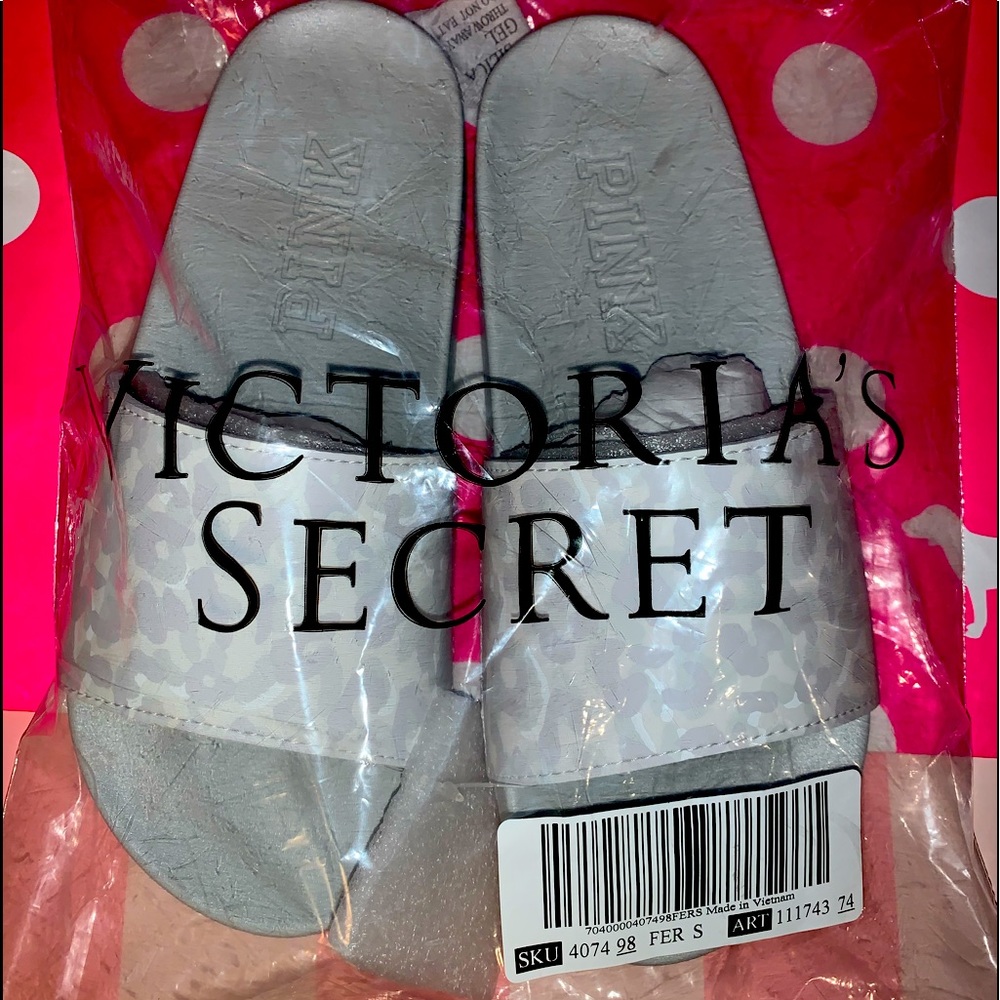 NEW VS PINK size SMALL 5/6 Grey Cheetah Logo Print Slides.